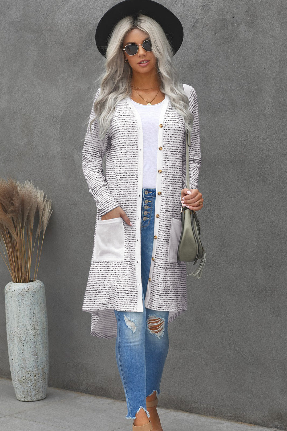 Striped Leopard Patchwork Duster Cardigan with Pockets - Fashion Girl Online Store