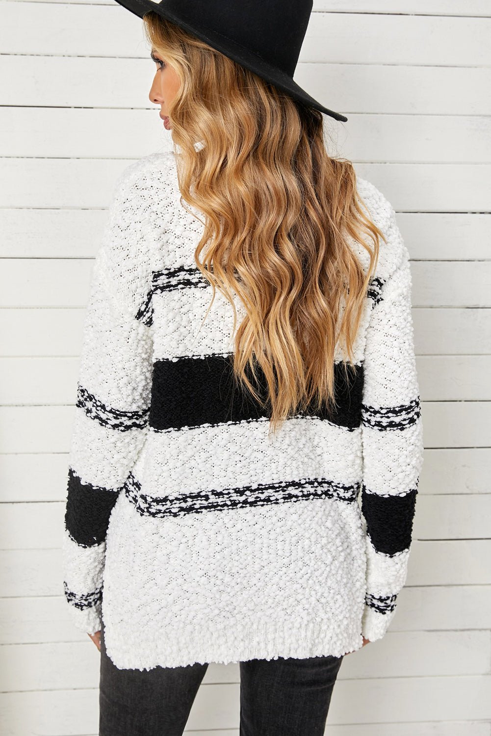 Striped V-Neck Popcorn Knit Sweater - Fashion Girl Online Store