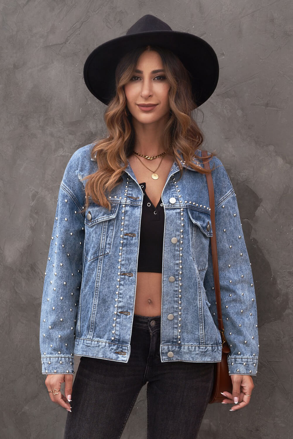 Studded Button Down Denim Jacket - Fashion Girl Online Store