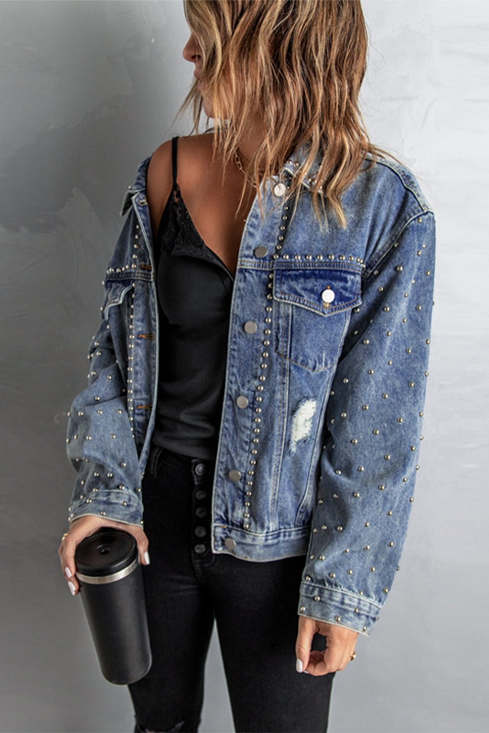 Studded Button Down Denim Jacket - Fashion Girl Online Store