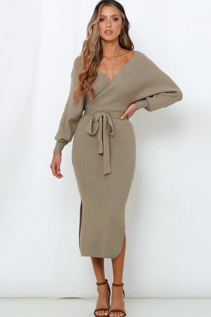 Surplice Neck Bow Waist Slit Sweater Dress - Fashion Girl Online Store