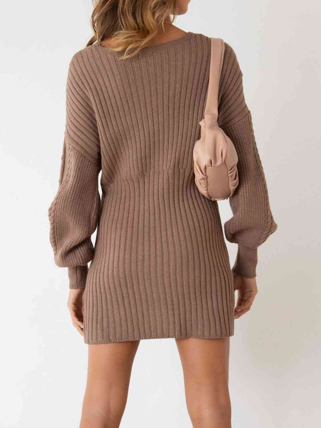 Surplice Neck Long Sleeve Sweater Dress - Fashion Girl Online Store