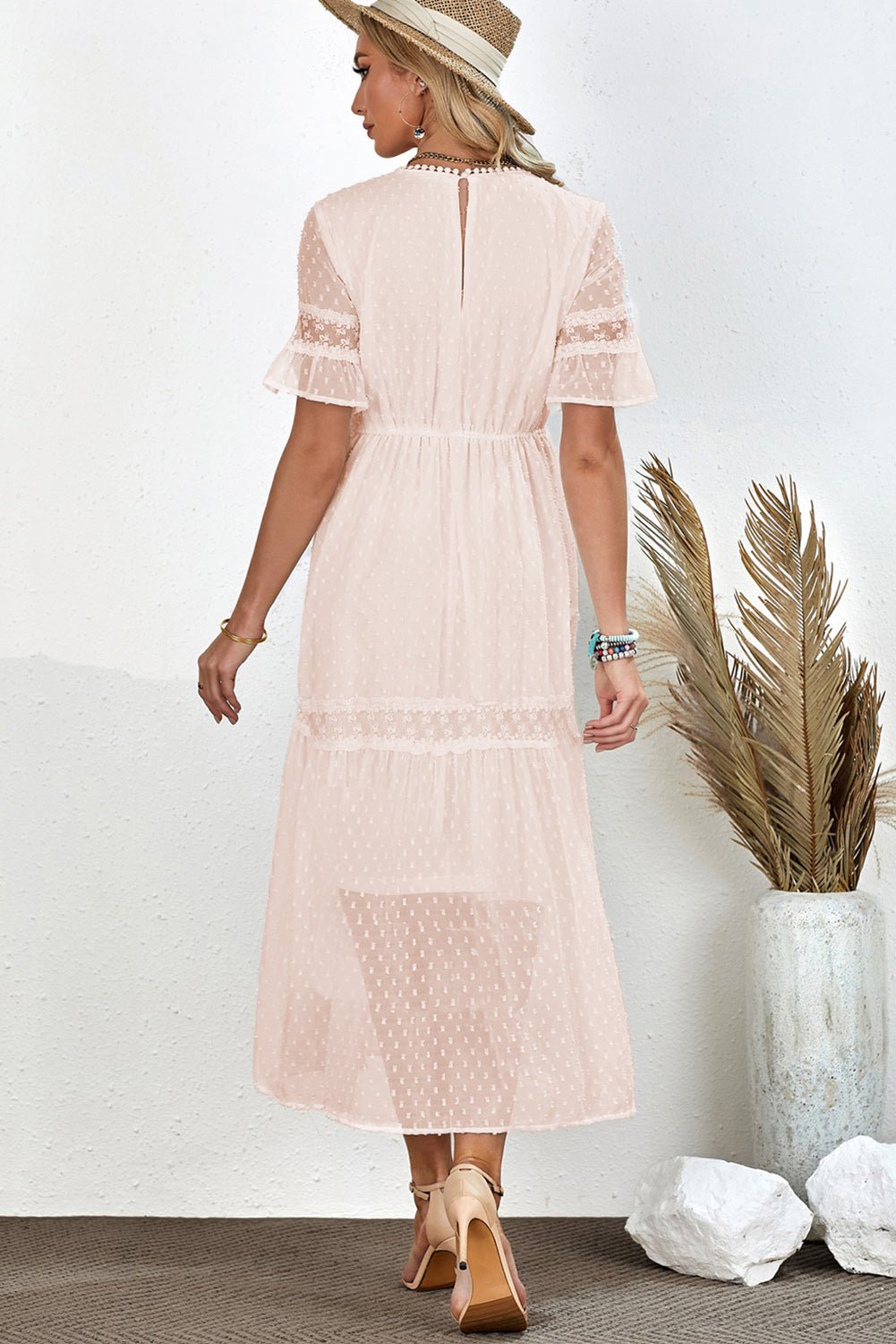 Swiss Dot V-Neck Short Sleeve Midi Dress - Fashion Girl Online Store