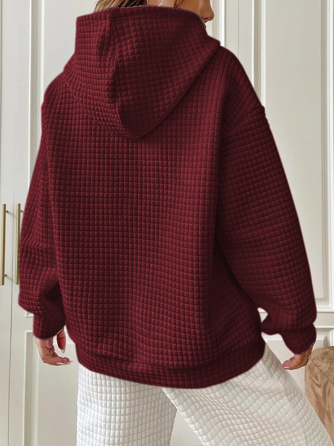 Textured Drawstring Drop Shoulder Hoodie - Fashion Girl Online Store