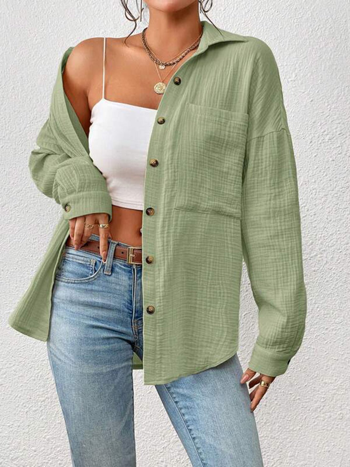 Textured Drop Shoulder Shirt Jacket - Fashion Girl Online Store