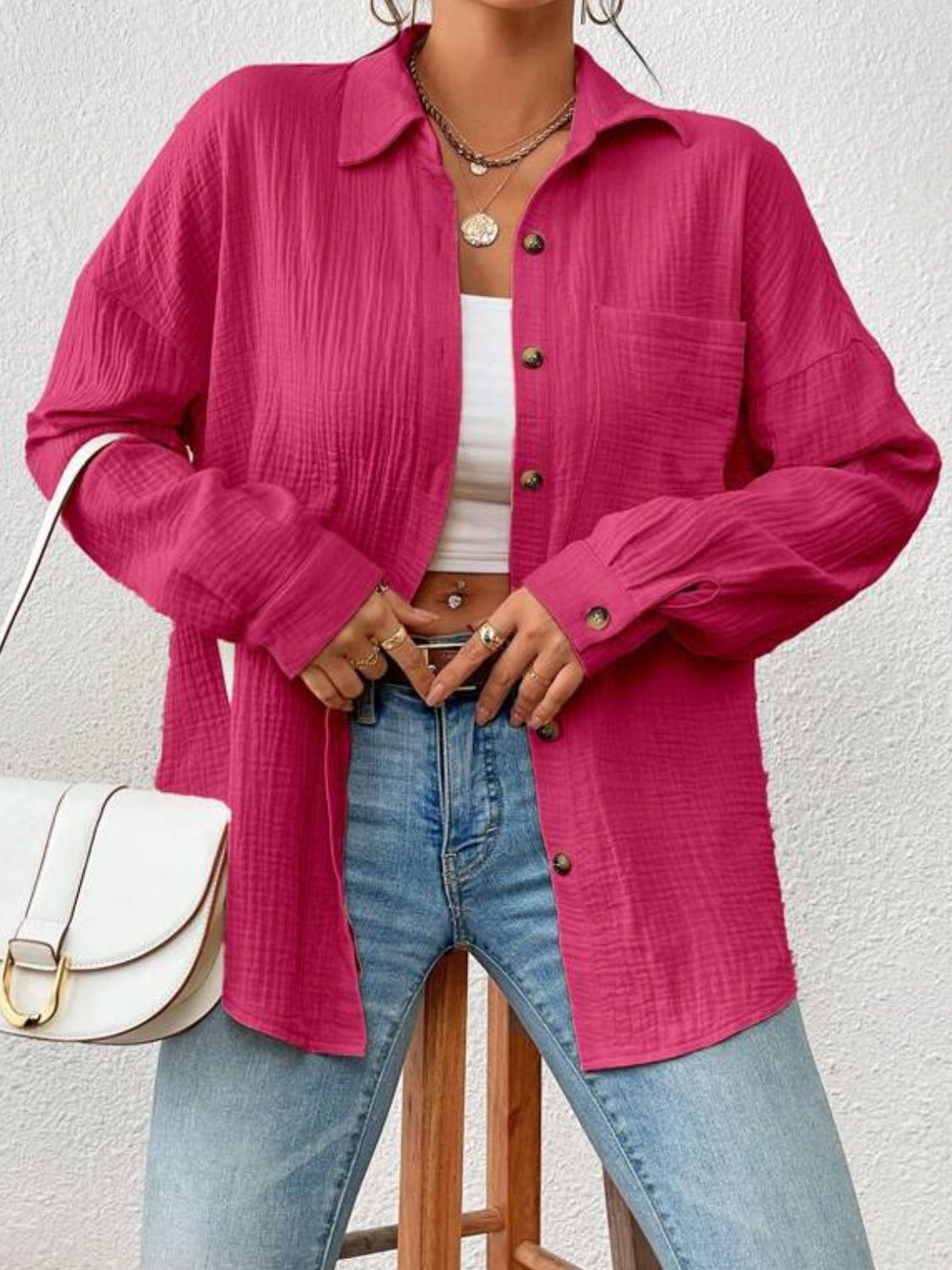 Textured Drop Shoulder Shirt Jacket - Fashion Girl Online Store
