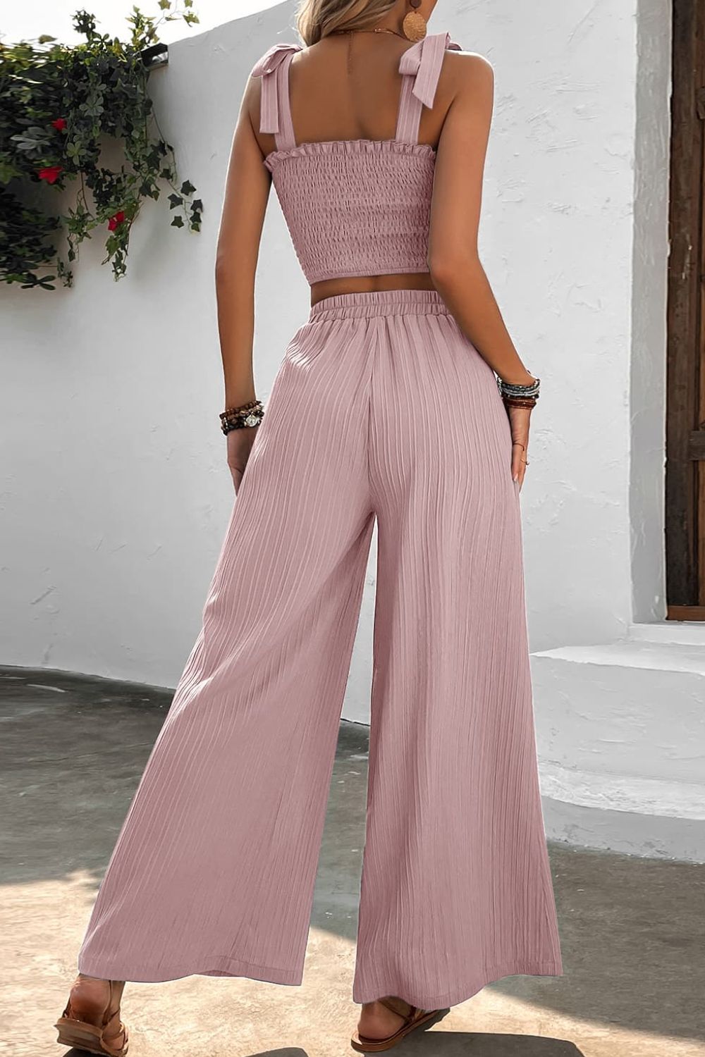 Tie Shoulder Smocked Crop Top and Wide Leg Pants Set - Fashion Girl Online Store