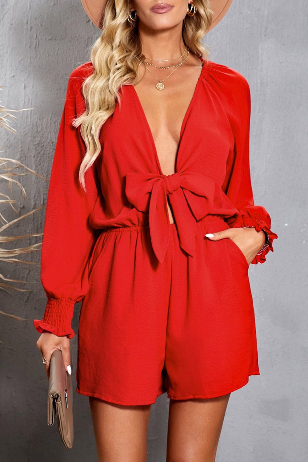 Tied Flounce Sleeve Plunge Romper - Fashion Girl Online Store