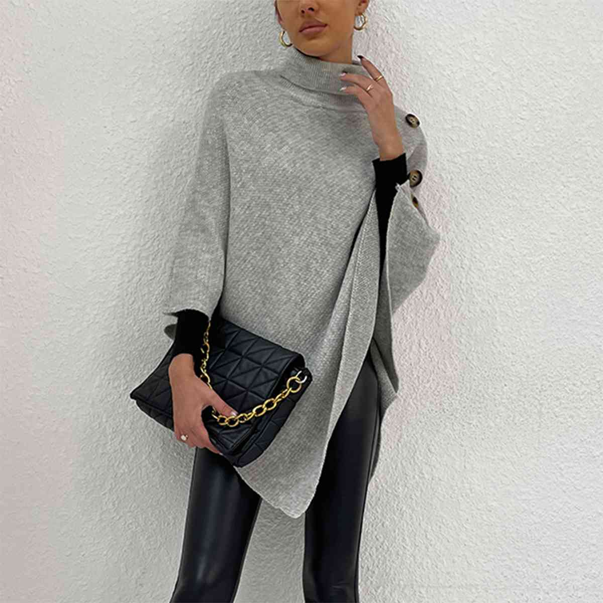 Turtleneck Buttoned Poncho - Fashion Girl Online Store