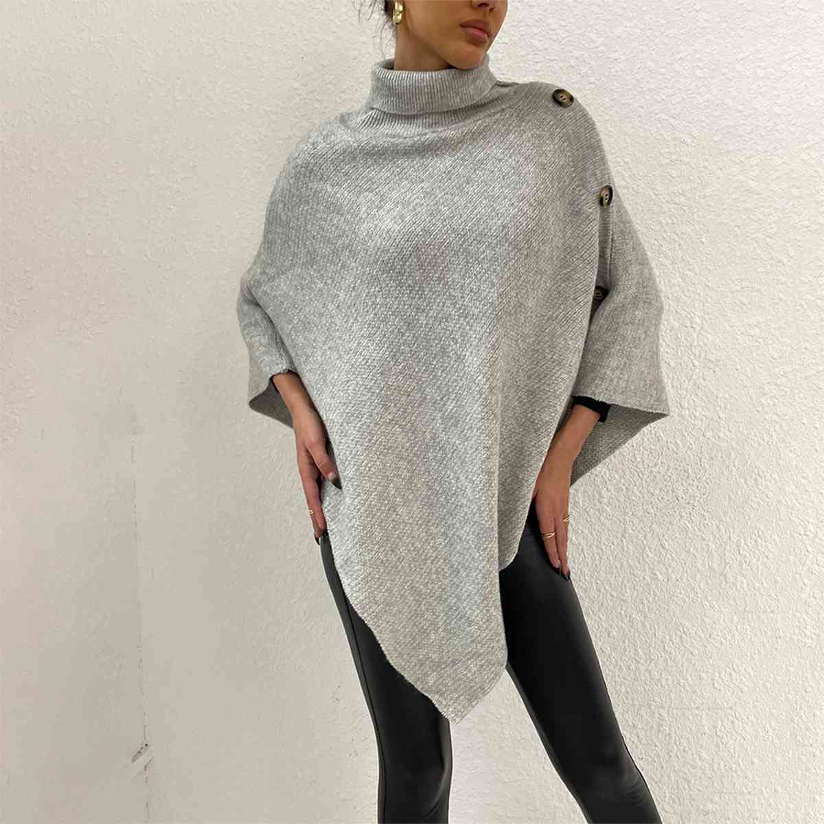 Turtleneck Buttoned Poncho - Fashion Girl Online Store