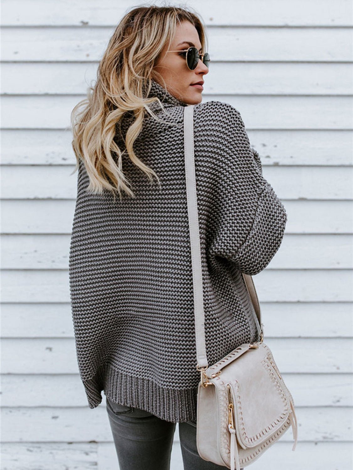 Turtleneck Dropped Shoulder Slit Sweater - Fashion Girl Online Store