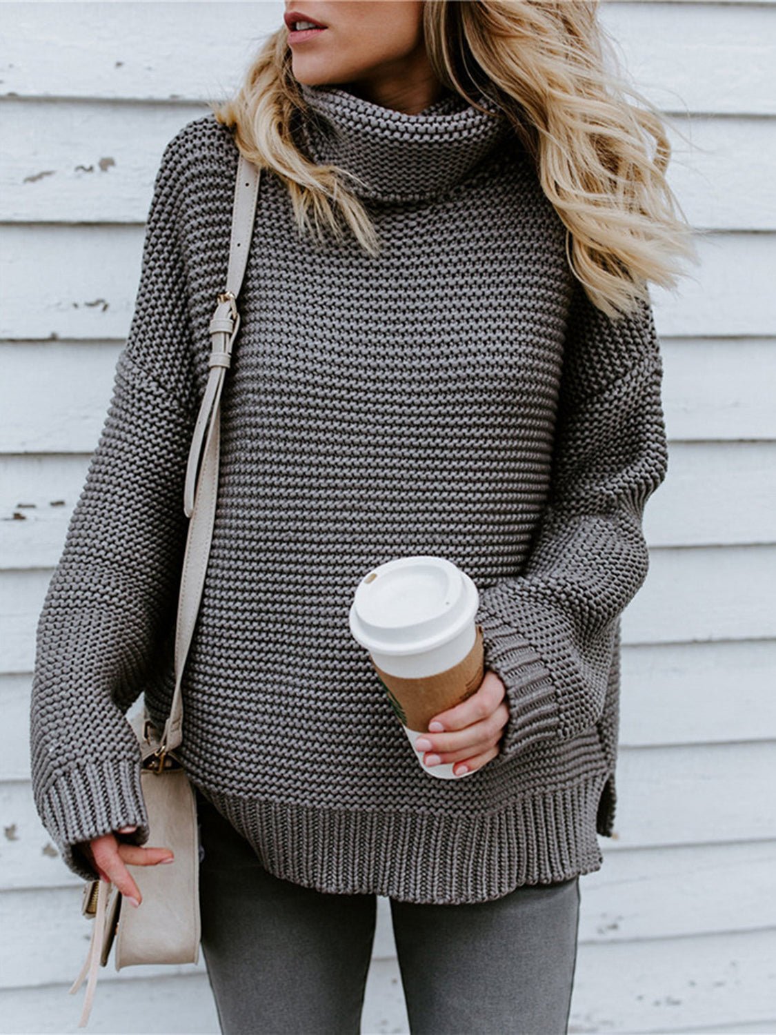 Turtleneck Dropped Shoulder Slit Sweater - Fashion Girl Online Store