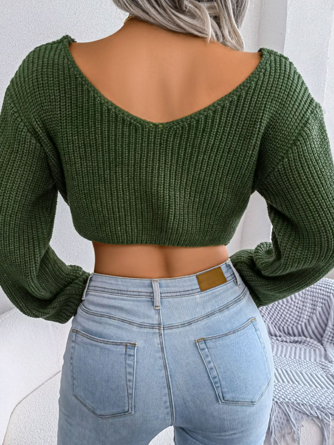 Twisted Front Long Sleeve Cropped Sweater - Fashion Girl Online Store