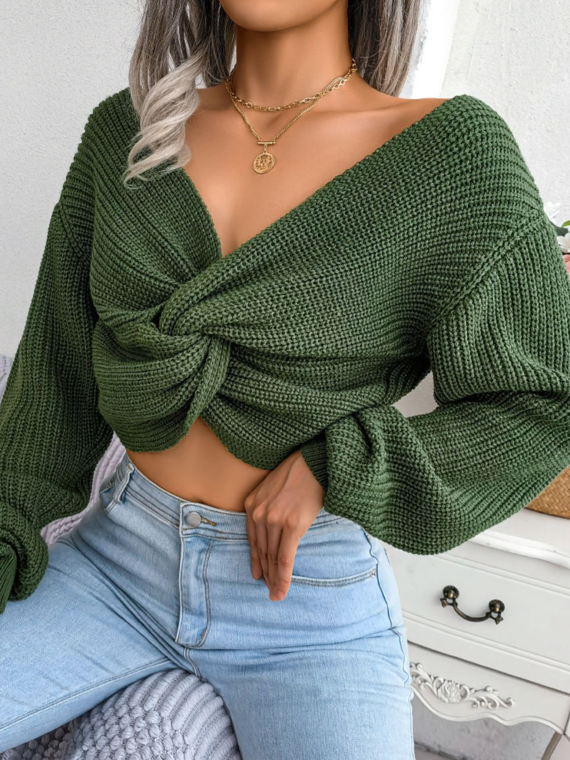 Twisted Front Long Sleeve Cropped Sweater - Fashion Girl Online Store