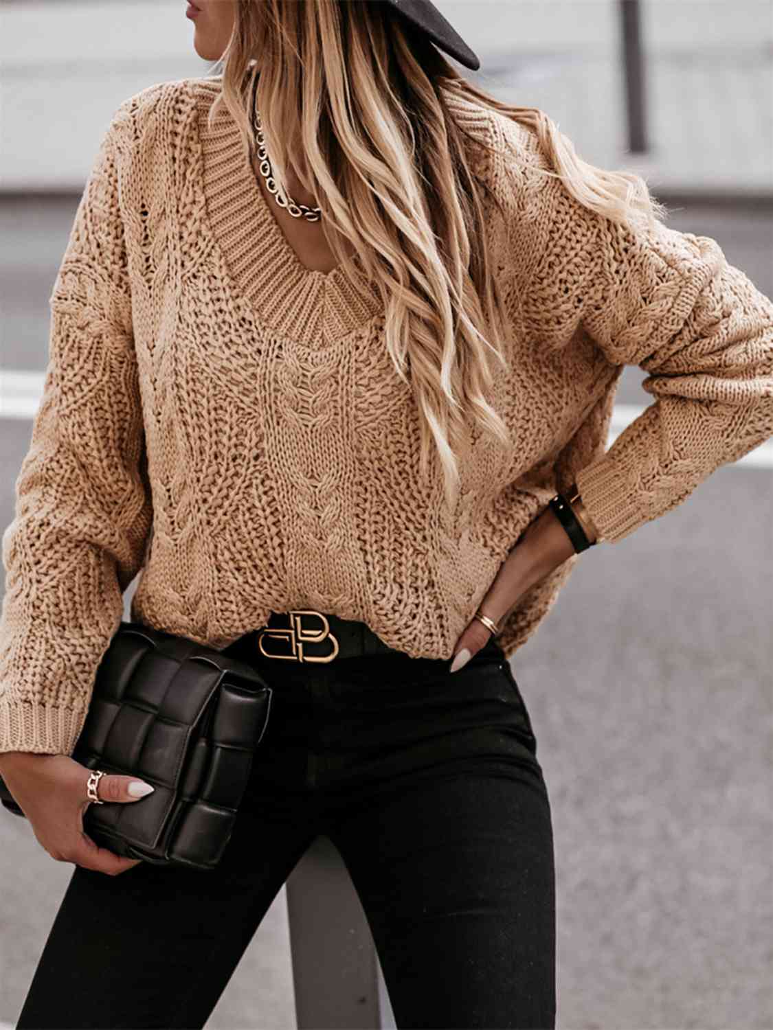 V-Neck Cable-Knit Long Sleeve Sweater - Fashion Girl Online Store