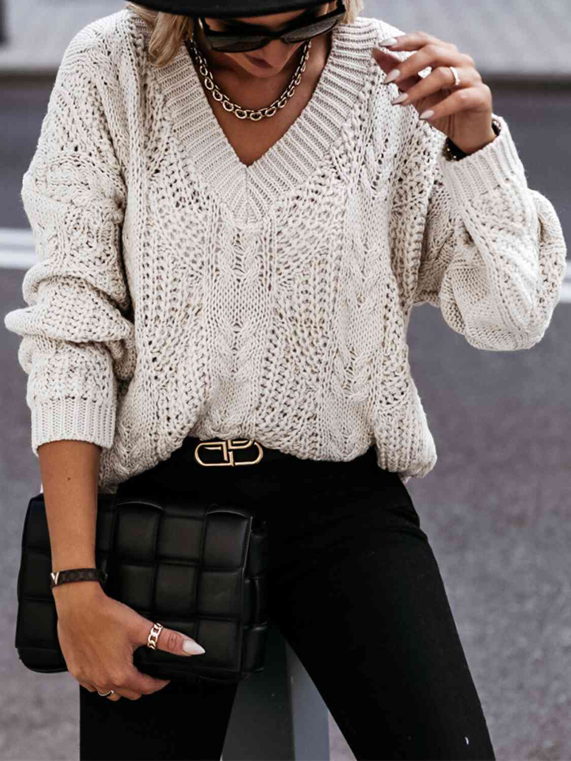 V-Neck Cable-Knit Long Sleeve Sweater - Fashion Girl Online Store