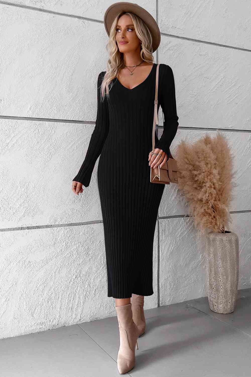 V-Neck Long Sleeve Ribbed Sweater Dress - Fashion Girl Online Store
