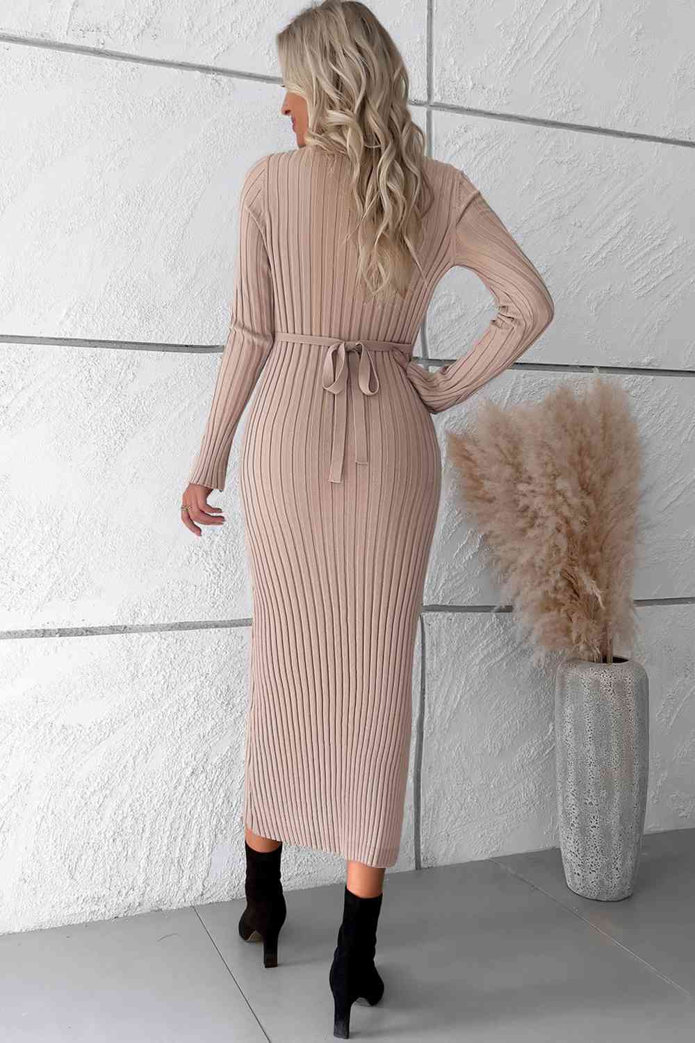 V-Neck Long Sleeve Ribbed Sweater Dress - Fashion Girl Online Store