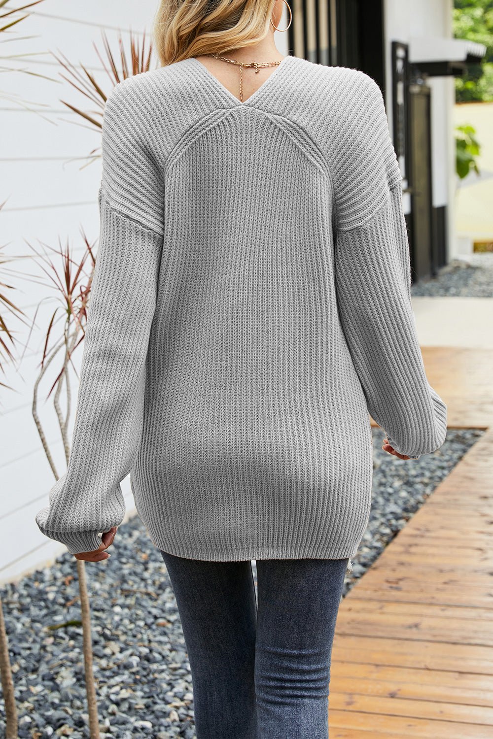 V-Neck Ribbed Dropped Shoulder Sweater - Fashion Girl Online Store