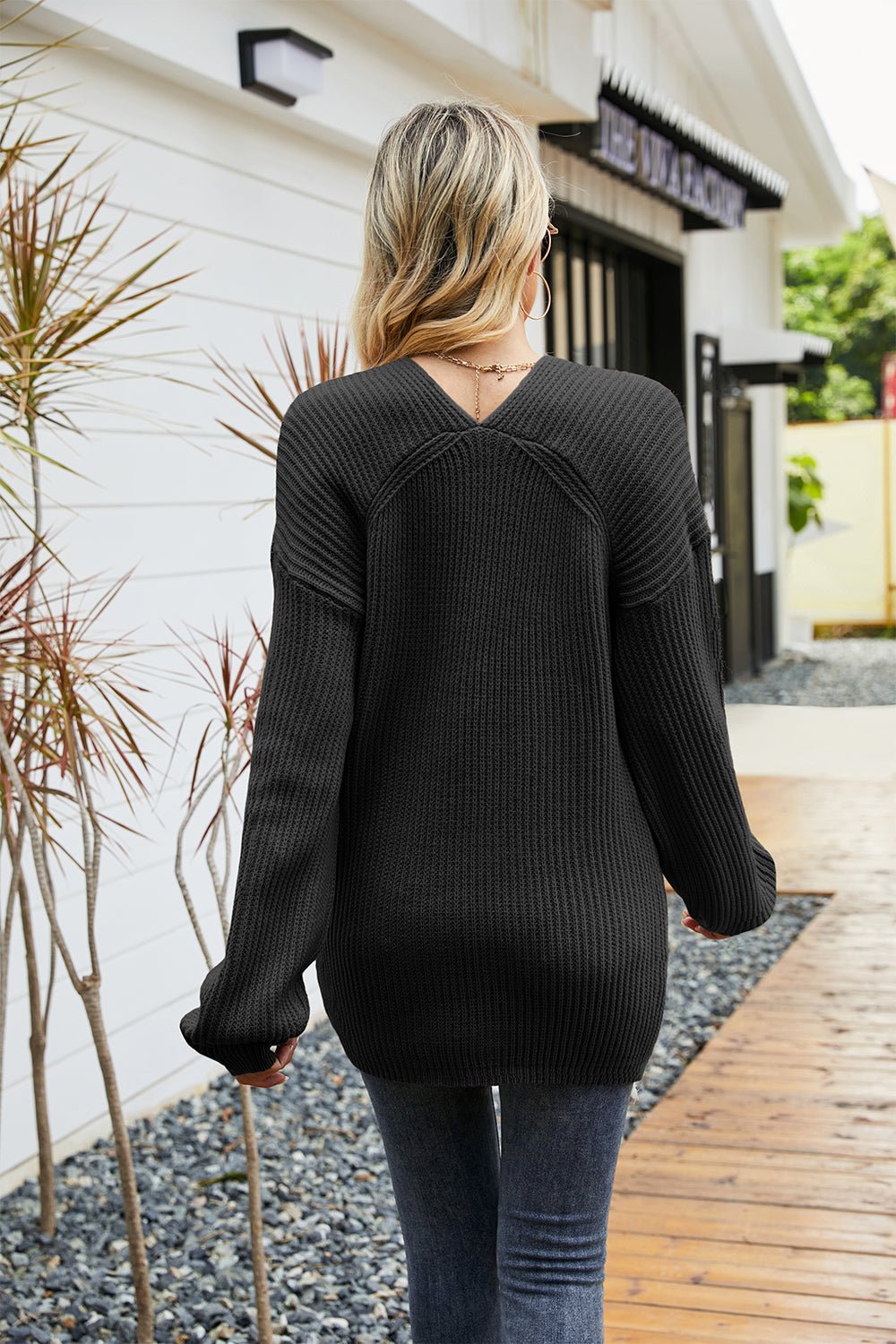 V-Neck Ribbed Dropped Shoulder Sweater - Fashion Girl Online Store