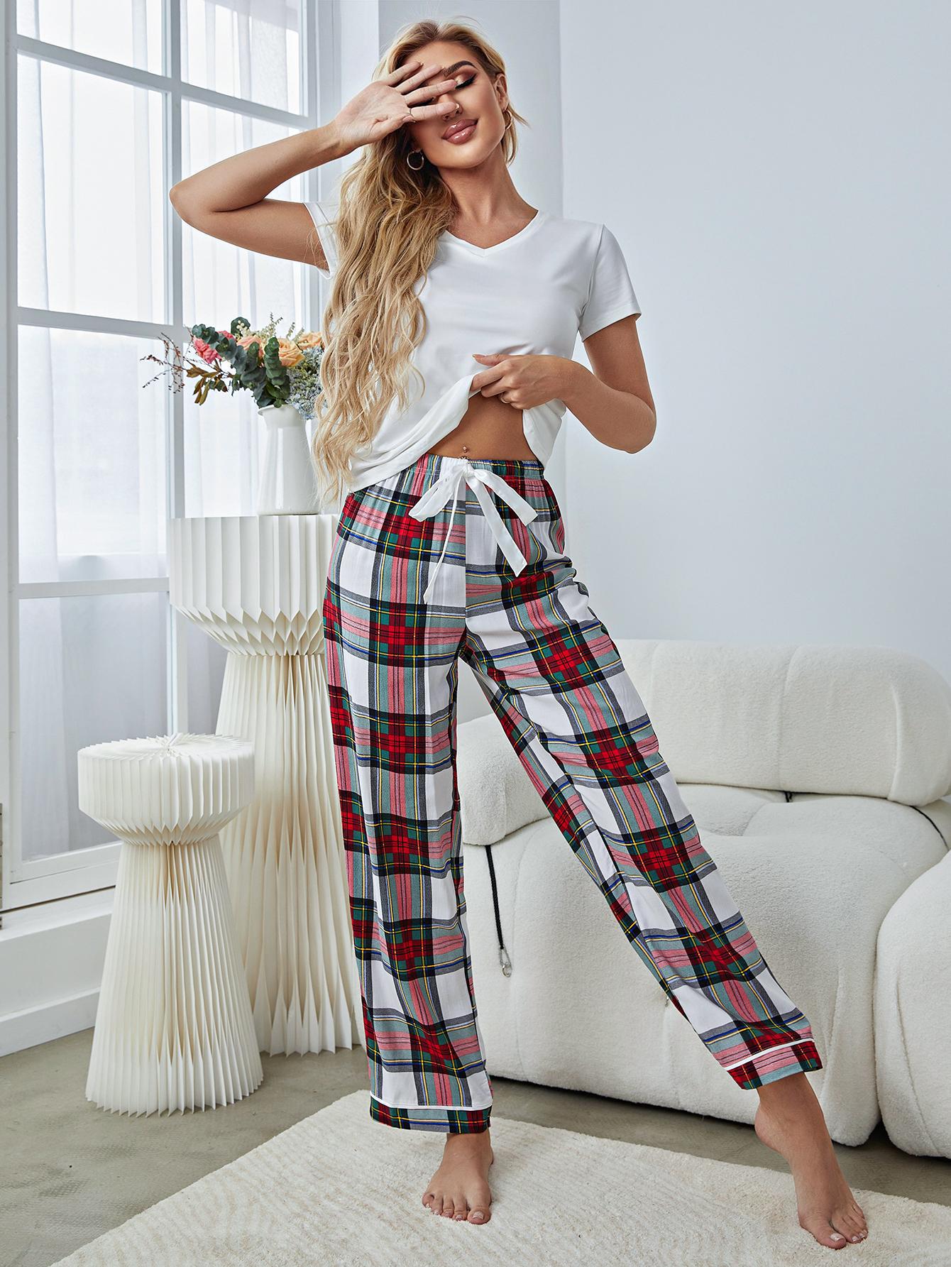 V-Neck Tee and Plaid Pants Lounge Set - Fashion Girl Online Store