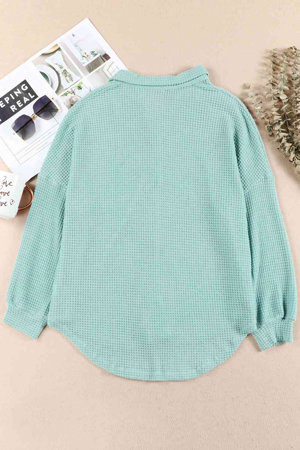 Waffle-Knit Button Up Long Sleeve Shirt with Pocket - Fashion Girl Online Store