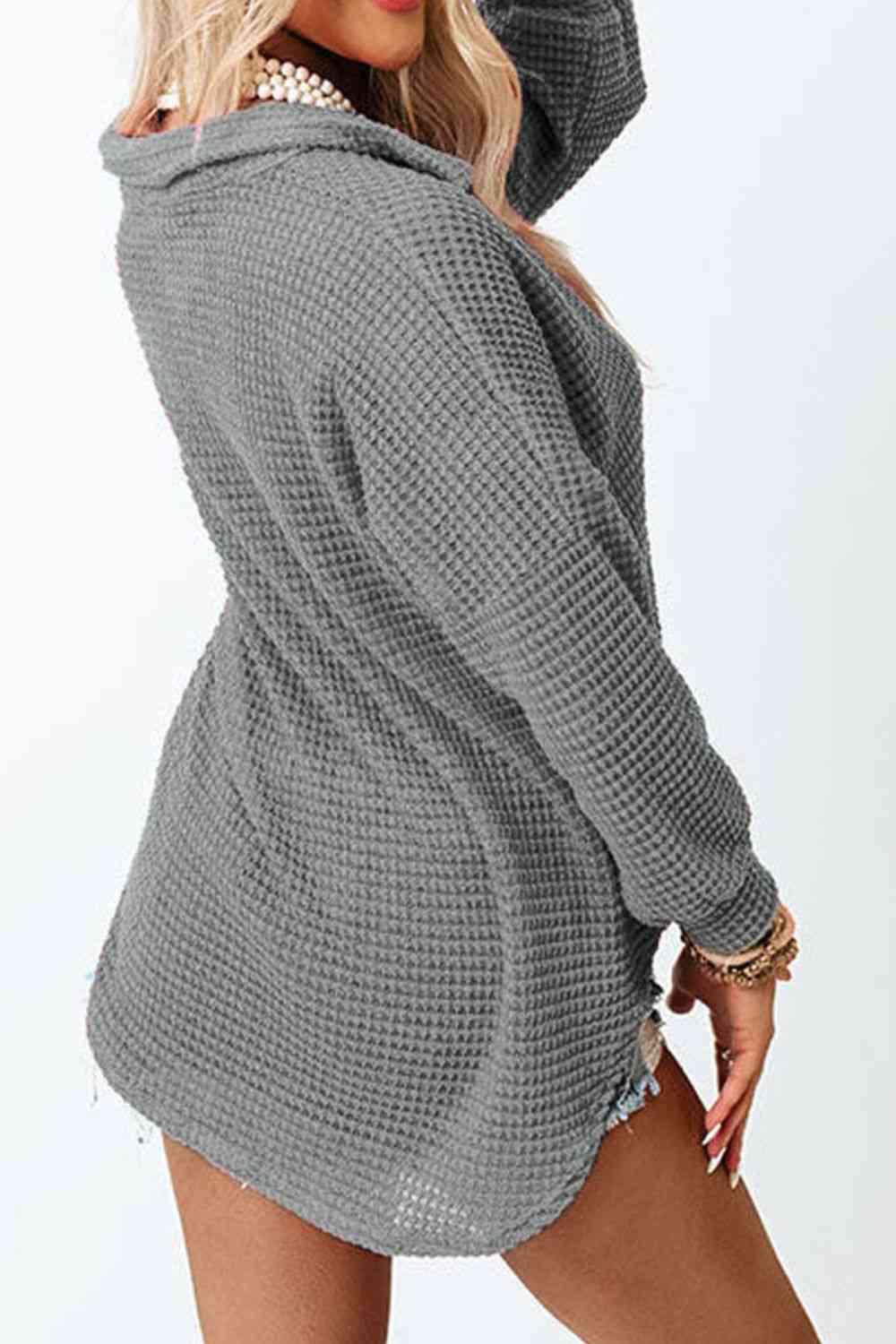 Waffle-Knit Button Up Long Sleeve Shirt with Pocket - Fashion Girl Online Store