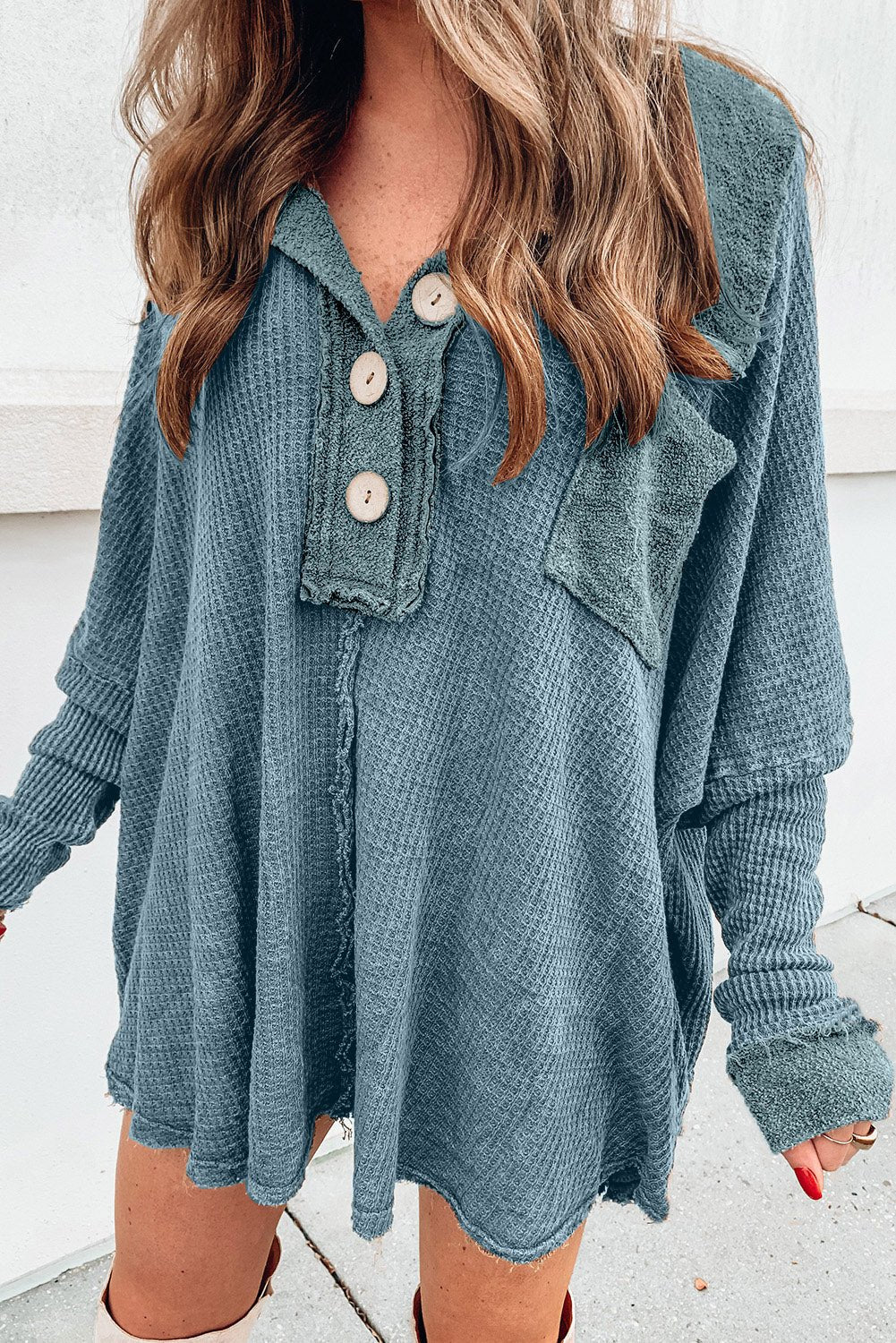 Waffle Knit Buttoned Long Sleeve Top with Breast Pocket - Fashion Girl Online Store