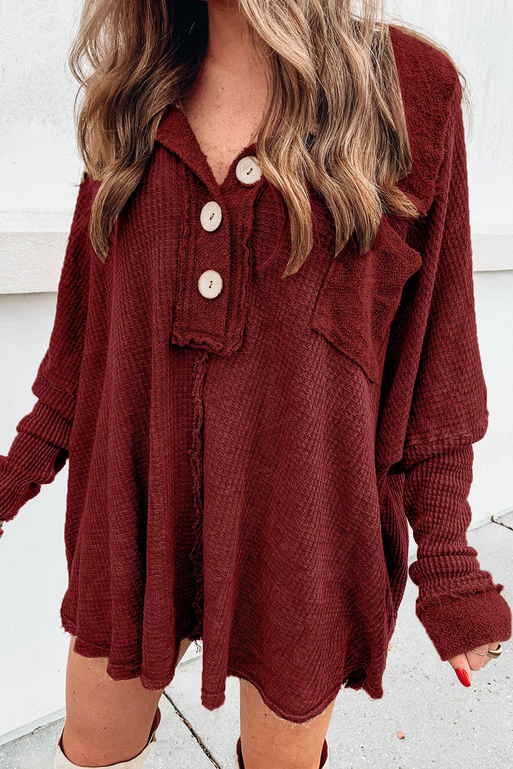 Waffle Knit Buttoned Long Sleeve Top with Breast Pocket - Fashion Girl Online Store