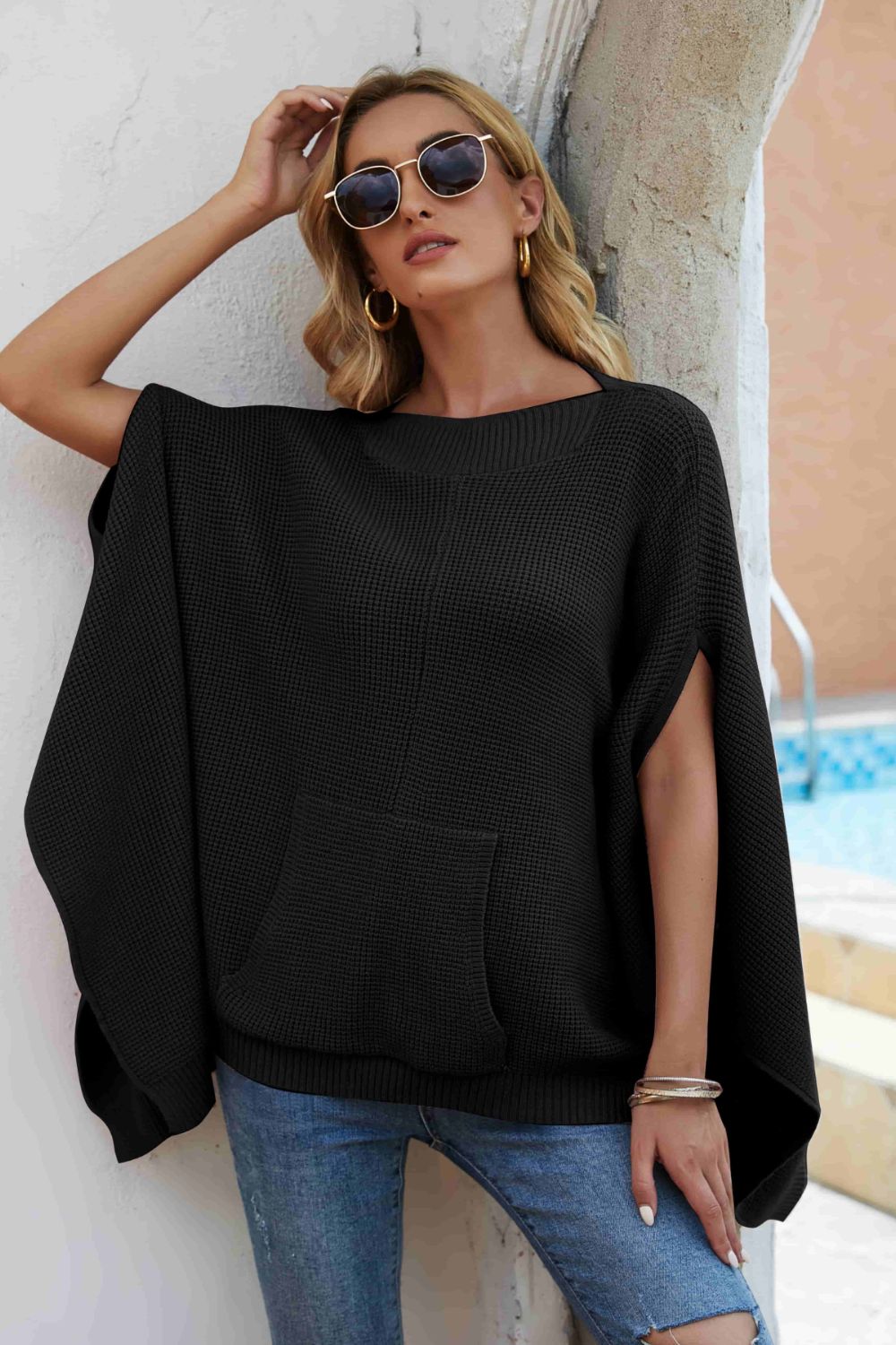 Waffle-Knit Cloak Sleeve Pocket Sweater - Fashion Girl Online Store