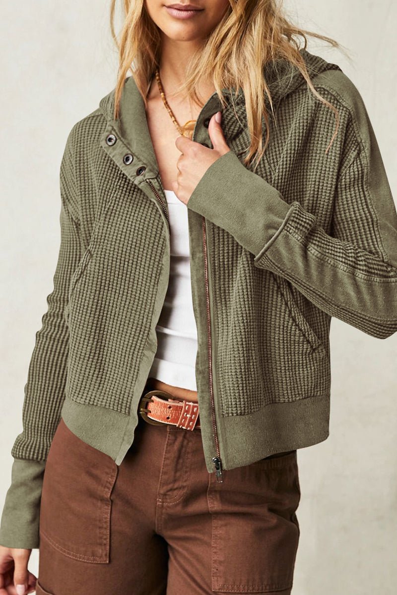 Waffle-Knit Long Sleeve Hooded Jacket - Fashion Girl Online Store