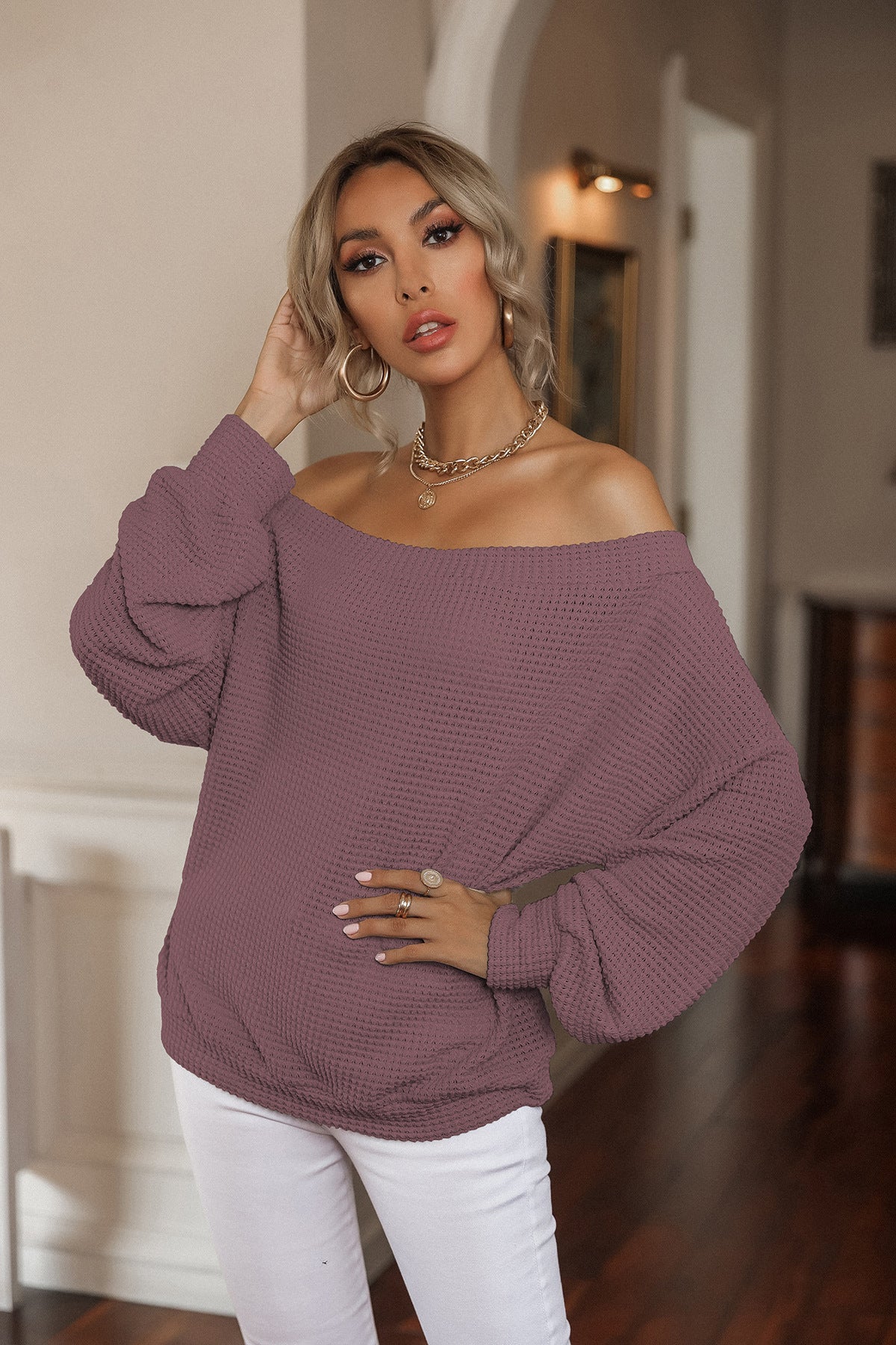 Waffle-Knit Off-Shoulder Top - Fashion Girl Online Store