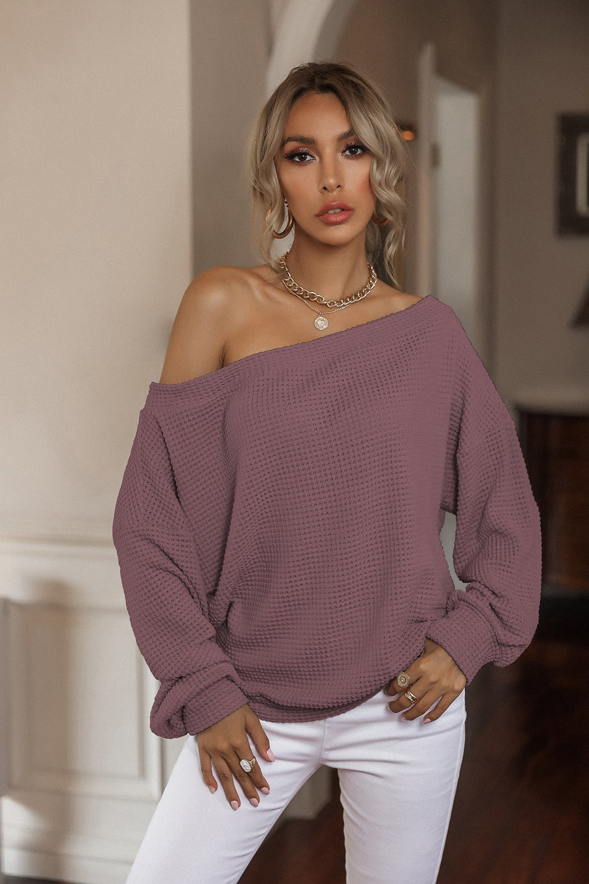 Waffle-Knit Off-Shoulder Top - Fashion Girl Online Store