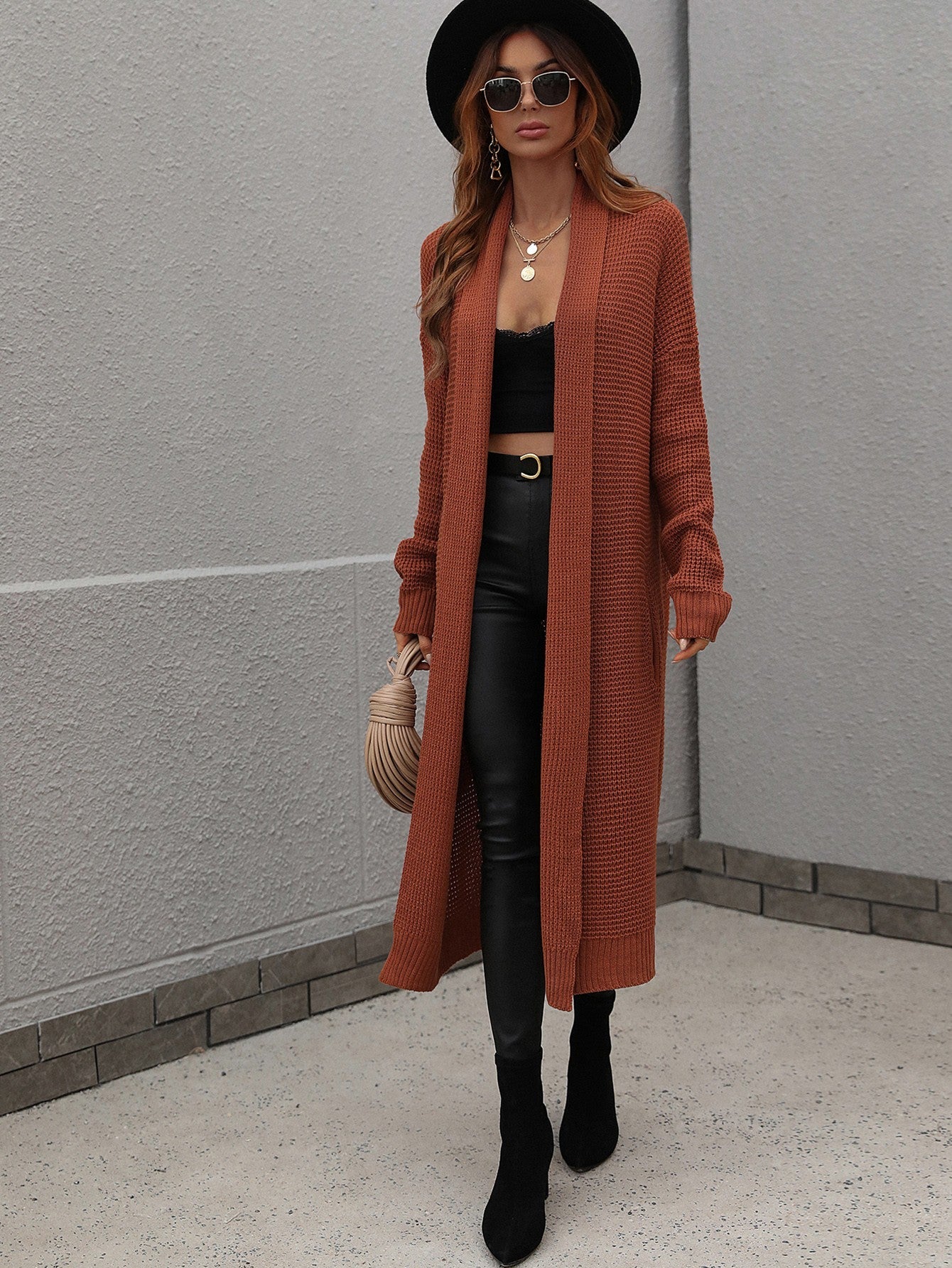 Waffle Knit Open Front Duster Cardigan With Pockets - Fashion Girl Online Store