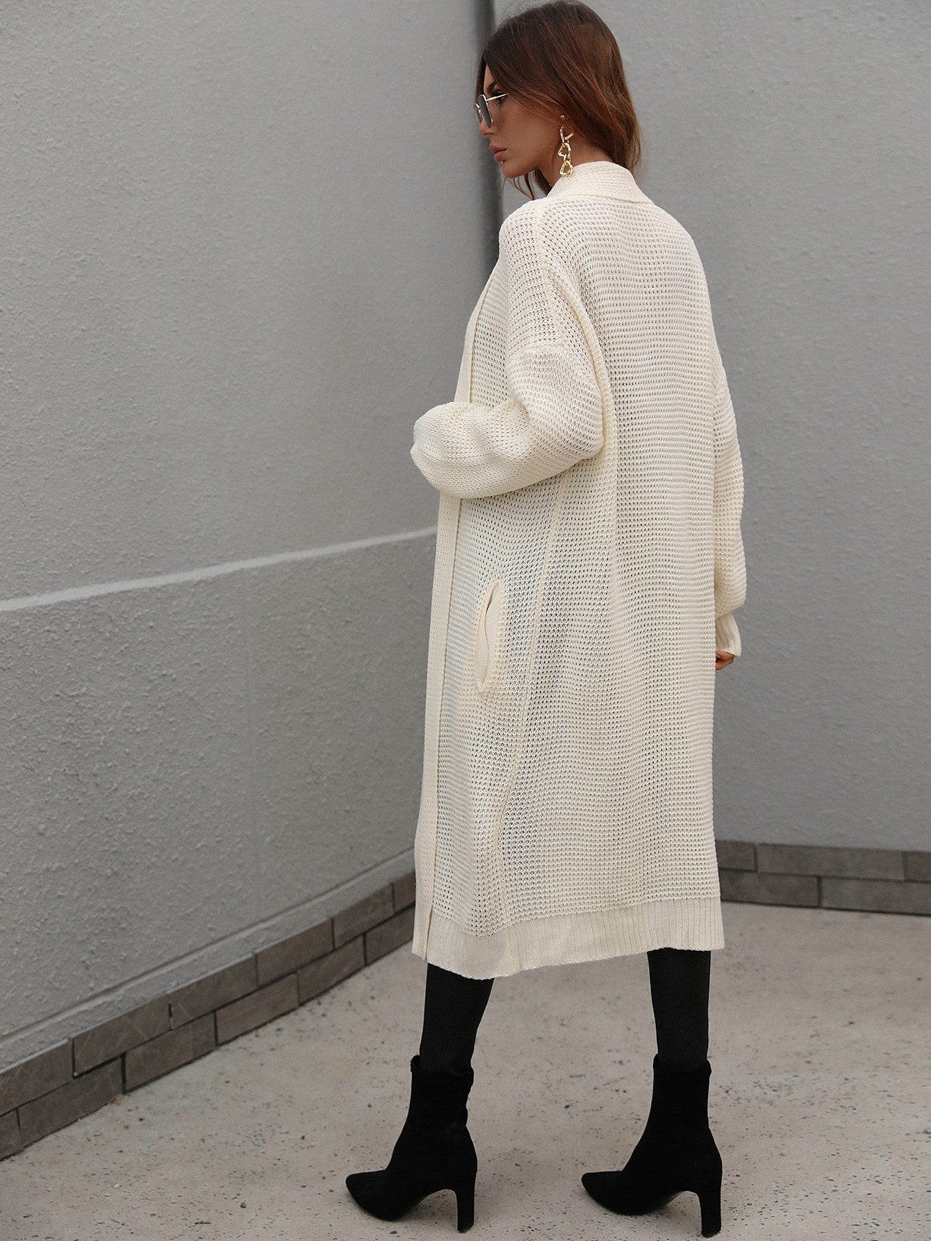 Waffle Knit Open Front Duster Cardigan With Pockets - Fashion Girl Online Store