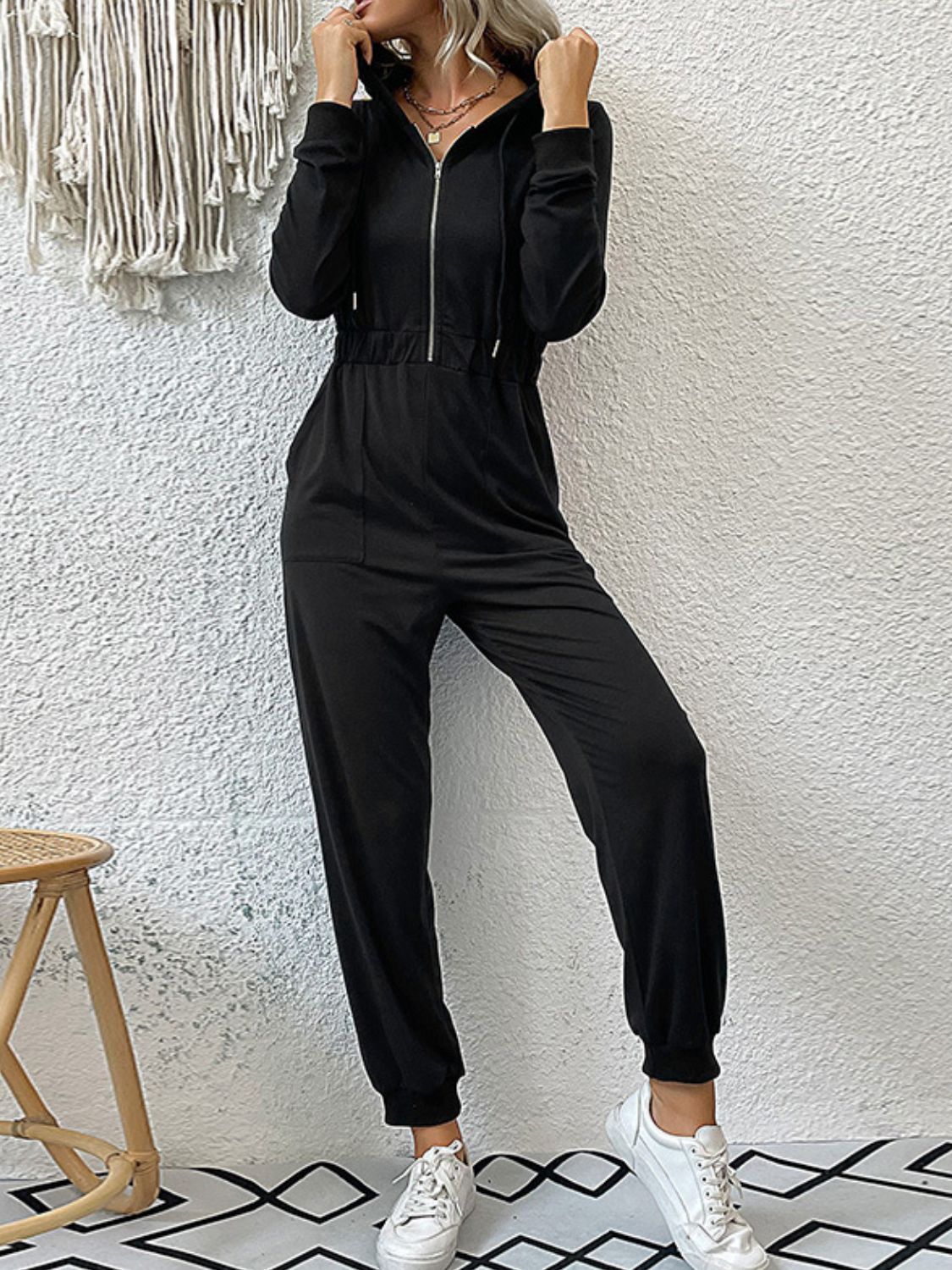 Zip Up Elastic Waist Hooded Jogger Jumpsuit - Fashion Girl Online Store