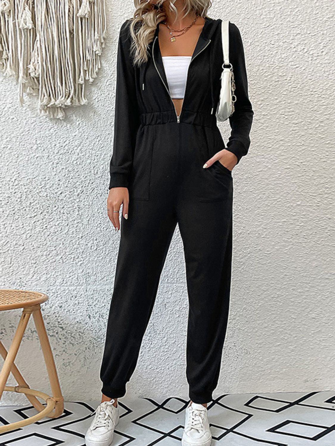 Zip Up Elastic Waist Hooded Jogger Jumpsuit - Fashion Girl Online Store
